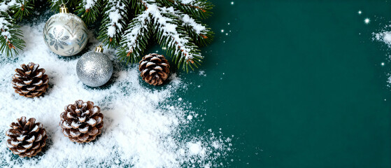 magic wallpaper deep dark green composition of pine cones and Christmas ornaments and fresh spruce branches