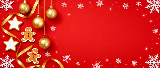 Christmas decorations and cookies on red background