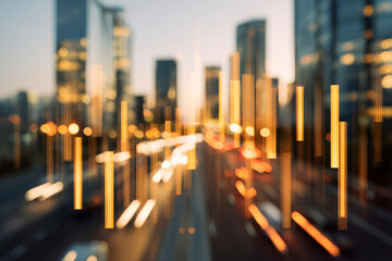 Golden bar chart over city traffic at sunset, symbolizing business growth, finance success, and urban data analytics concept.