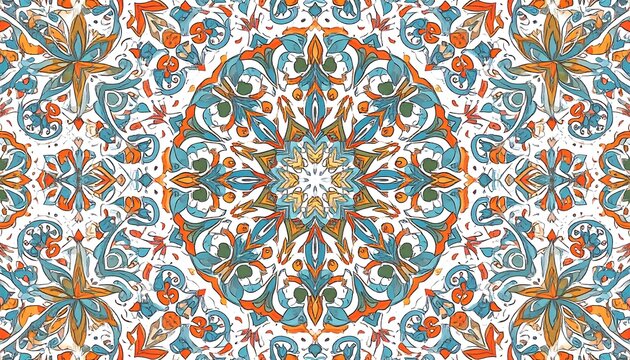 Symmetrical floral kaleidoscope with shades of orange and teal