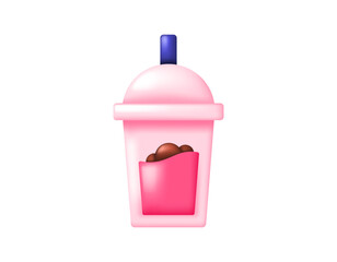 Illustration of red boba drink with strawberry flavor. Sweet drink. 3D style design. Icon, symbol, element, white background.