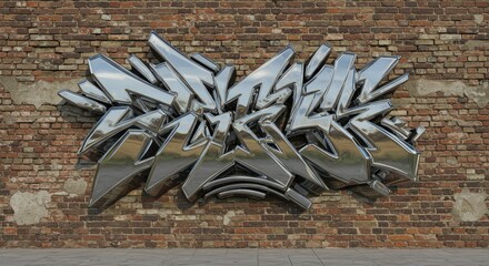Chrome Graffiti Art on Textured Brick Wall