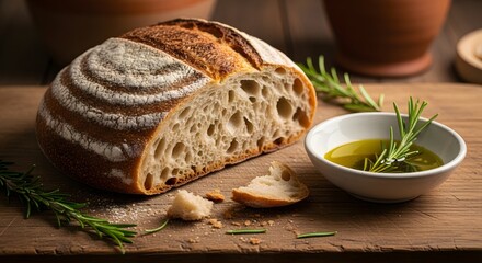 Rustic Sourdough Bread with Olive Oil and Rosemary on Wood artisan bread crusty bread