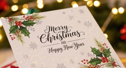 Close-up of a festive Merry Christmas and Happy New Year card with holly and bokeh lights.