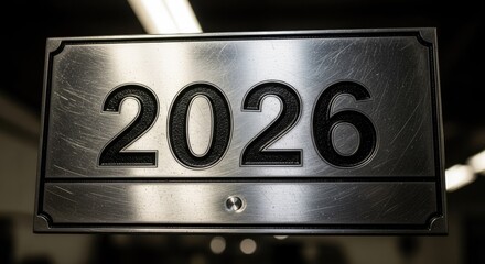 Close-up of a Metal Sign with the Number 2026.