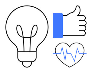 Conceptual symbols. Lightbulb for ideas, thumbs up for approval, and heart with an electrocardiogram line for health. Useful for creativity, well-being, innovation, motivation, healthcare