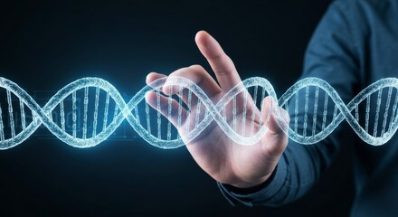 Digital touchscreen display shows a touching holographic interface shaped like digital DNA