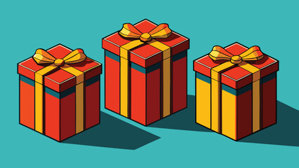 Four vibrant gift boxes with bows arranged on a white background, showcasing a festive and cheerful atmosphere..eps
