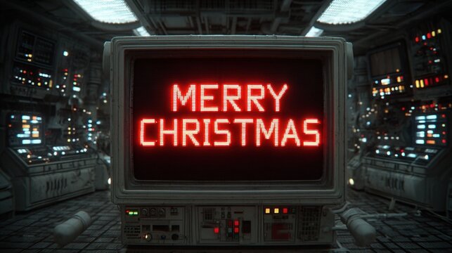 space christmas. Retro computer displaying "Merry Christmas" in a futuristic setting. - Powered by Adobe