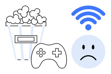 Internet issues. Weak internet connection with a sad face, wireless icon, popcorn, and gaming controller. Internet issues impacting streaming, online gaming, and entertainment. For telecom