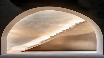 A modern architectural space featuring a sweeping staircase bathed in dramatic light, framed by a large archway.