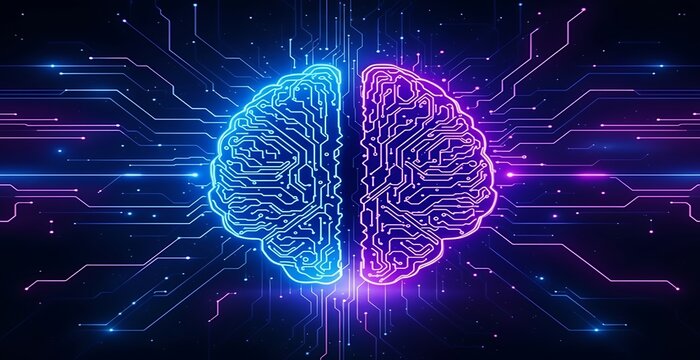 Futuristic concept of a digital brain representing artificial intelligence, with glowing circuit board hemispheres symbolizing technology