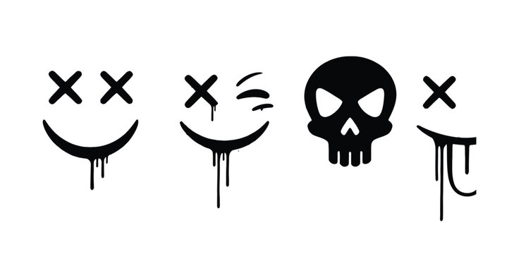 Black and white graffiti style icons of smiley faces and a skull