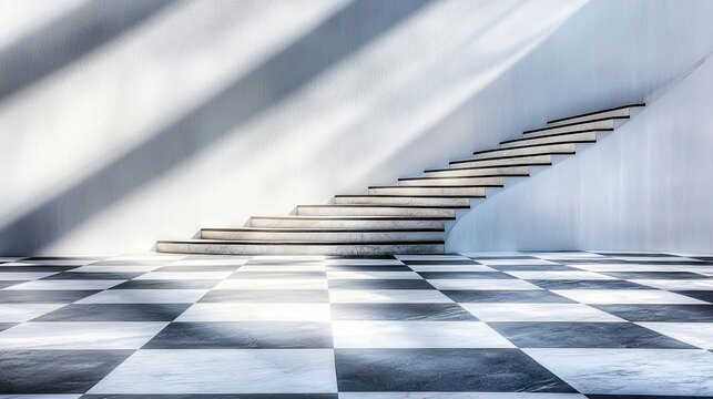 A modern architectural space featuring a curved staircase ascending from a black and white checkered floor, with dramatic diagonal light and shadow patterns on
