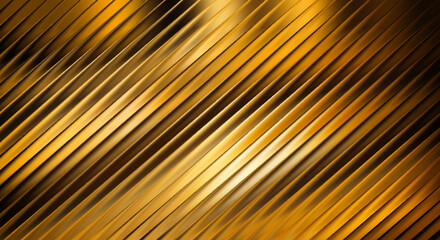 Closeup of a luxurious golden metallic surface with a ribbed texture and diagonal lines, creating a dynamic and elegant abstract background with shimmering light reflections © Muin