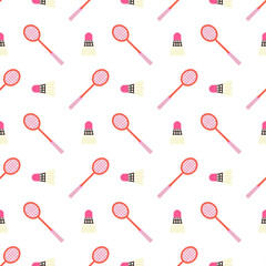 flat design of two badminton rackets with a shuttlecock.The rackets have pink faces with a grid pattern, dark frames, and pink handles. The shuttlecock has a pink base and white or light feathers