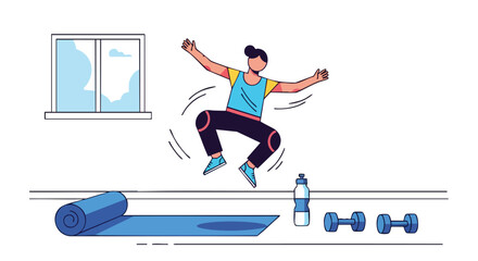 Man performing a dynamic jump exercise indoors as part of a high-intensity interval training (HIIT) workout.