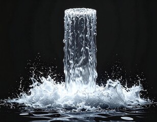 A digitally created water feature, resembling a vertical column of water falling and splashing against a dark background, creating a visual effect