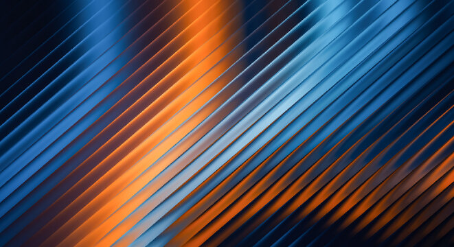 A vibrant and dynamic abstract background featuring a modern geometric pattern of diagonal lines, illuminated by striking blue and orange colors, creating a futuristic and energetic effect
