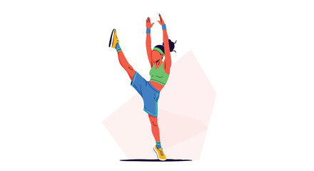 Energetic woman executing a standing high leg kick emphasizing extreme flexibility and balance.