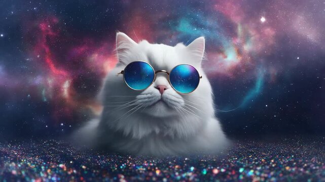 Cool White Fluffy Cat Wearing Round Mirrored Sunglasses Against a Cosmic Nebula Background