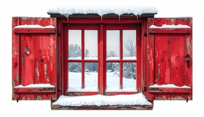Red window with open shutters shows snow