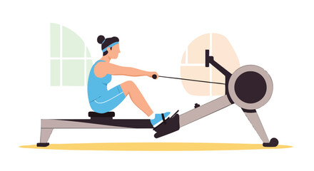 Woman performing a full-body workout on a rowing machine for cardiovascular and strength training.