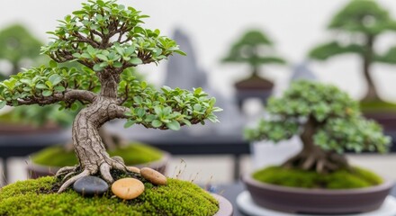 Serene bonsai exhibit with miniature trees demonstrating artistic horticultural skill and precision