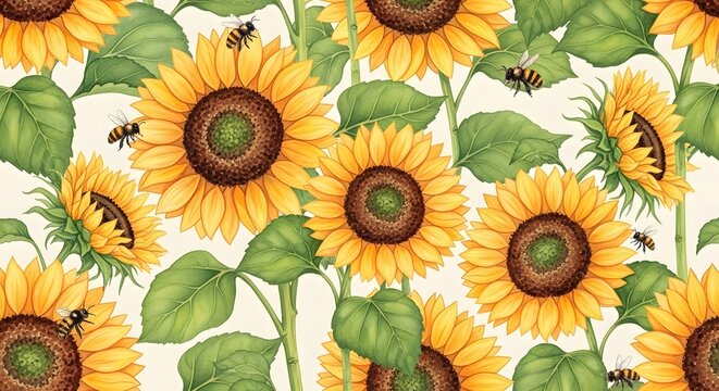 Vibrant Sunflower Field with Bees A Detailed Watercolor Illustration for Digital Designs