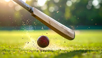 Dynamic cricket game action a wooden bat powerfully strikes a red leather ball on a sunlit green field, capturing the explosive moment of impact with dust flying
