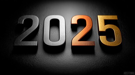 Bold Metallic Numerals "2025" Illuminated on Matte Black Background for Minimalist Advertising and Promotional Use