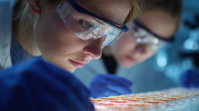 Two Female Researchers Analyzing Samples in Laboratory Setting with Focused Expressions and Clean Studio Lighting