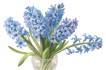 Obraz premium Hyacinth blue flowers in glass vase isolated on transparent background. Flower illustration PNG.