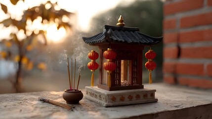 Miniature oriental spirit house with burning incense sticks and red lanterns at sunset