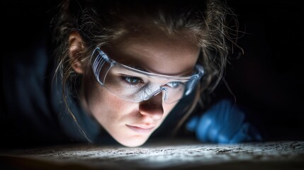 Young Caucasian woman examining ancient manuscript under focused lighting, showcasing intense concentration and curiosity in a research environment.