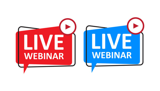 Dual live webinar tag graphic featuring red and blue speech bubbles with white text and a play button indicating a live streaming video event.