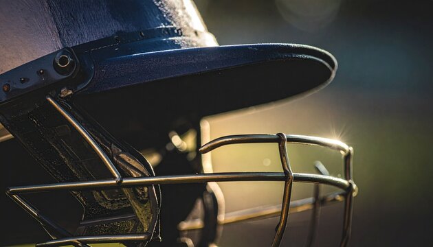 A batsman's protective headgear gleaming in the warm evening light, symbolizing readiness and concentration before a competitive game