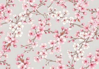 Fototapeta premium Delicate Cherry Blossom Branches on a Soft Gray Background A Floral Pattern for Spring