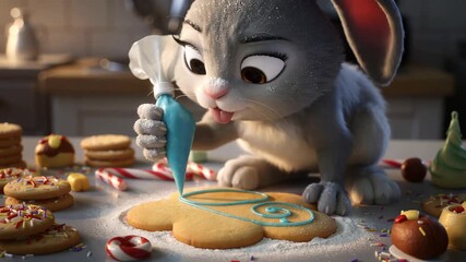Animated bunny playfully decorates holiday cookies with blue icing in a cozy kitchen setting