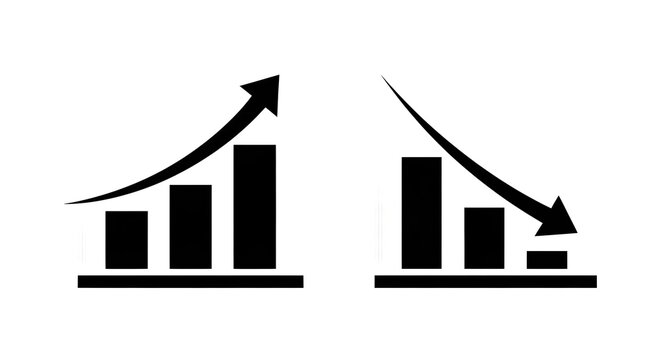 Bar graphs illustrating upward and downward trends for growth and decline, isolated on white background