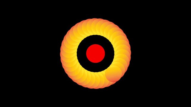 A smooth rotating animation of a vibrant abstract badge or seal design featuring a wavy red border and a circular pink center with dotted white accents. The colorful geometric motion graphics,mandala 