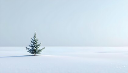 A quiet evergreen sapling sits in bright snow offering a minimalist winter nature scene full of serene seasonal calm and soft ambience