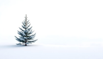A single evergreen sapling grows in pristine snow displaying a minimalist winter landscape enriched with serene nature atmosphere and seasonal quiet beauty