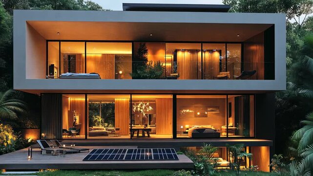 Modern Tropical House with Solar Panels and Illuminated Interiors at Dusk