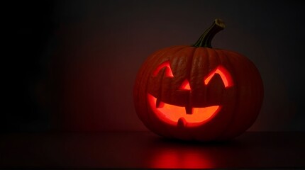 Spooky carved halloween pumpkin jackolantern glowing in the dark, ready for trick or treat
