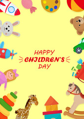 Happy Children's day card frame with colorful toys in background rabbit bear rocker sweets pyramid ball doll