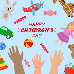 Happy Children's day kids hands throwing toysdoll ball car plane plush bear sweets vibrant illustration