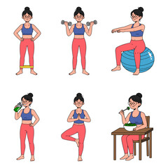 Set of six fitness poses showing a girl doing resistance band training, lifting dumbbells, balancing on an exercise ball, drinking a shake, practicing yoga, and eating a healthy meal.