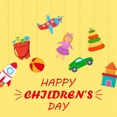Happy Children's day greeting card with vibrant hanging colorful toys plane doll ball rocket car