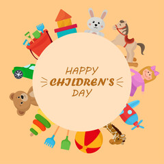 Vibrant card happy children's day circular frame colorful toys bear car sand toys doll pyramid ball